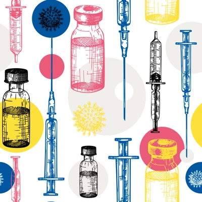 Coronavirus vaccine seamless pattern. Vector backdrop with vaccine bottle and syringe injection tools sketches. Trendy Coronavirus vaccine concept. Vector covid19 immunization backdrop